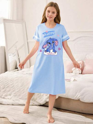 بيجاما فستان طويل كاجوال للبنات، ياقة دائرية، أكمام قصيرة، طباعة أرنب أزرق وخطوط بيضاء، قماش مُحبوك، ملابس نوم مريحة