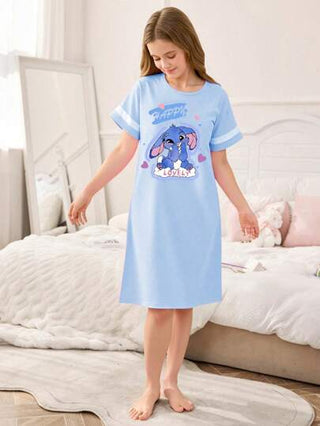 بيجاما فستان طويل كاجوال للبنات، ياقة دائرية، أكمام قصيرة، طباعة أرنب أزرق وخطوط بيضاء، قماش مُحبوك، ملابس نوم مريحة