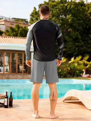 Manfinity Swimmode 2 قطعة / مجموعة بدلة سباحة رجالية بأكمام مع تباين لوني مع شورت، بطراز هاواي