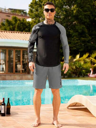 Manfinity Swimmode 2 قطعة / مجموعة بدلة سباحة رجالية بأكمام مع تباين لوني مع شورت، بطراز هاواي