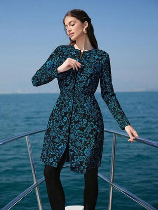 Swim Shayni مجموعة بوركيني من قطعتين مطبوع عليها طبعات فخارية باللون الأزرق، مع غطاء قابل للإزالة، مناسبة للشاطئ والعطلات