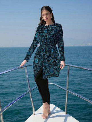 Swim Shayni مجموعة بوركيني من قطعتين مطبوع عليها طبعات فخارية باللون الأزرق، مع غطاء قابل للإزالة، مناسبة للشاطئ والعطلات