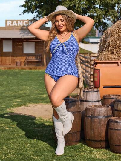 SHEIN Swim Curve مجموعتين من البكيني متعدد الطباعة للمرأة كبيرة الحجم، مثلث ذو خصر عالي مع ظهر متقاطع، ملابس سباحة مرشقة الجسم