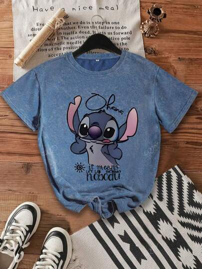 ملابس علوية قطني مطبوع بنمط "ستيتش حرف الطفل دزني إنترستيلر"، تي شيرت حريمي صيفي للمرح بأكمام قصيرة، تي شيرت طباعي عادي أناقة النمط أشكال ثلج غسل