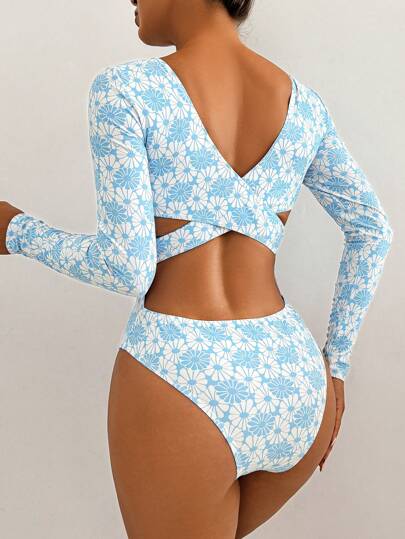 مايوه حريمي قطعة واحدة Swim SPRTY قطعة واحدة من ملابس السباحة بطبعة زهور وأكمام طويلة للنساء ، للشاطئ الصيفي