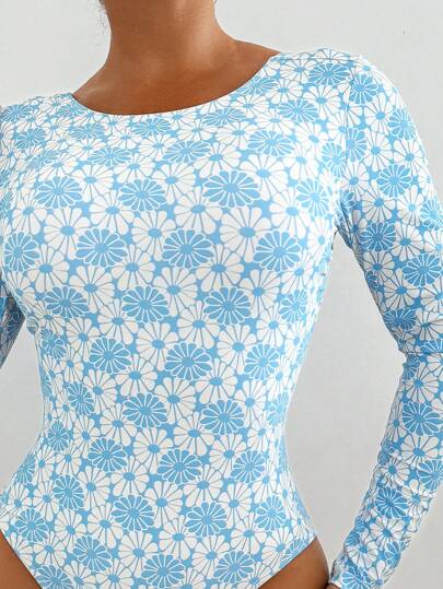 مايوه حريمي قطعة واحدة Swim SPRTY قطعة واحدة من ملابس السباحة بطبعة زهور وأكمام طويلة للنساء ، للشاطئ الصيفي