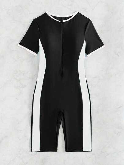 Swim SPRTY ملابس سباحة ونشاط رياضي نسائية، بدلة سباحة قطعة واحدة بلا سلك، بتصميم ألوان متباينة لرياضة التزحلق على الأمواج