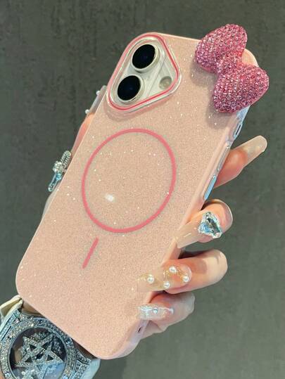 قطعة واحدة غطاء هاتف مغناطيسي وردي اللمعان والأقواس المتوافق مع هواتف iPhone 16/15/14/13/12/11 و حلقة بريق iPhone 15 Magsafe غطاء واقي 14PM