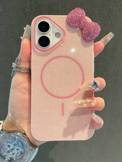 قطعة واحدة غطاء هاتف مغناطيسي وردي اللمعان والأقواس المتوافق مع هواتف iPhone 16/15/14/13/12/11 و حلقة بريق iPhone 15 Magsafe غطاء واقي 14PM