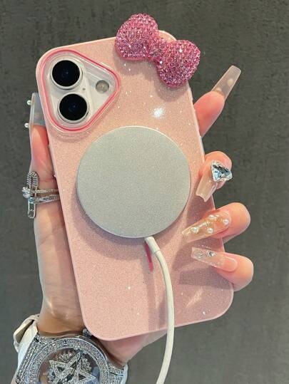 قطعة واحدة غطاء هاتف مغناطيسي وردي اللمعان والأقواس المتوافق مع هواتف iPhone 16/15/14/13/12/11 و حلقة بريق iPhone 15 Magsafe غطاء واقي 14PM