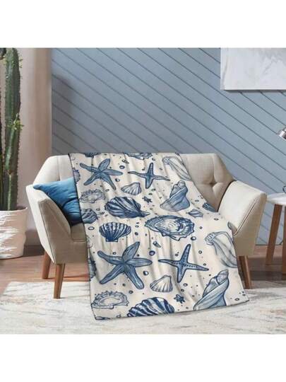 بطانية ألحاف قطنية فانيلا هادئة، برائحة نسيم البحر - ناعمة للغاية، دافئة وشاملة لجميع المواسم مع تصميم أصداف البحر الزاهية - فكرة هدية مثالية للمنزل، المكتب، السيارة، وهواة المخيمات