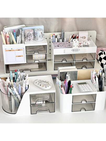 صندوق تخزين مكتبي مع درجين/4 أدراج ، صندوق تخزين مكتبي للأقلام والبطاقات ، مناسب للمكاتب وصناديق تخزين مستحضرات التجميل والاكسسوارات المكتبية ، مناسب للمكتب و المنزل ولوازم عودة الطلاب إلى المدرسة. عودة إلى المدرسة