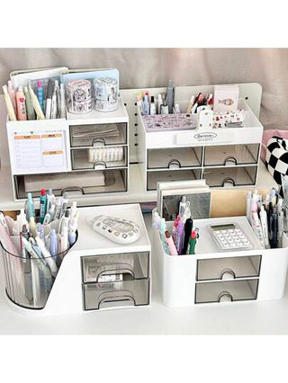 صندوق تخزين مكتبي مع درجين/4 أدراج ، صندوق تخزين مكتبي للأقلام والبطاقات ، مناسب للمكاتب وصناديق تخزين مستحضرات التجميل والاكسسوارات المكتبية ، مناسب للمكتب و المنزل ولوازم عودة الطلاب إلى المدرسة. عودة إلى المدرسة