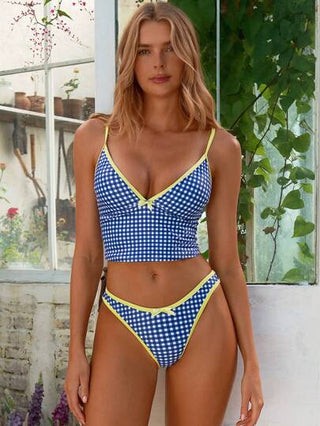 طقم تانكيني حريمي Swim Mod زوجين - مجموعة بيكيني نسائية لفصل الصيف مكونة من ملابس علوية قصيرة بشراشيب مربعة ومع ياقة خلفية مكشوفة وسروال بيكيني للشاطئ