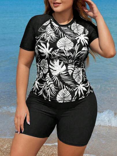 Swim Lushoire مجموعة بلوزة بدون أكمام مع طباعة عشوائية لحجم كبير للسيدات