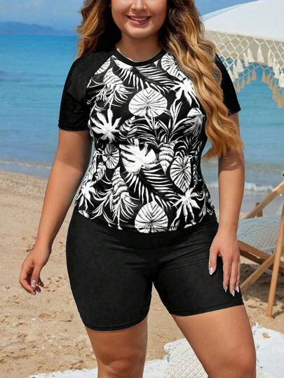 Swim Lushoire مجموعة بلوزة بدون أكمام مع طباعة عشوائية لحجم كبير للسيدات