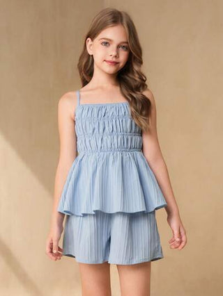 girls-sets 2 مجموعة من الأعلى البرازيلي والشورت الفضفاض للفتيات المراهقات، الأعلى بنقشة زرقاء ذات حافة ذات كشكشة