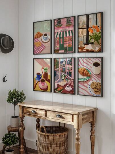6 قطع لوحات جدارية لمتجر الحلويات، صور معلقة للقهوة والكرواسون، ملصقات قماشية لوجبات الإفطار العصرية، صور للحلويات، ديكور جداري لمطبخ أو متجر ، هدية افتتاح بدون إطار
