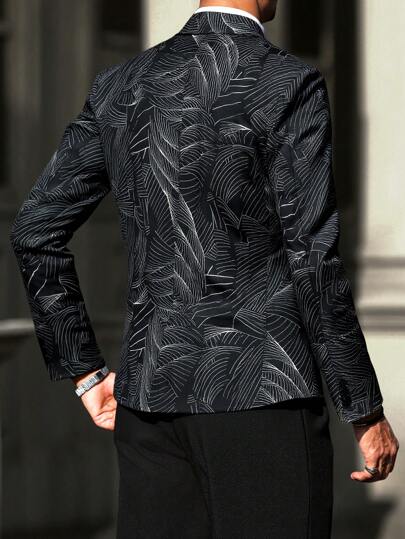 Manfinity AFTRDRK بدلة طويلة الأكمام بياقة التقصيب مع طباعة نباتات استوائية للرجال، بدلة رياضية للرجال، بدلات رسمية غير رسمية للرجال، جاكيت بيزنس عادية للرجال، جاكيت للرجال