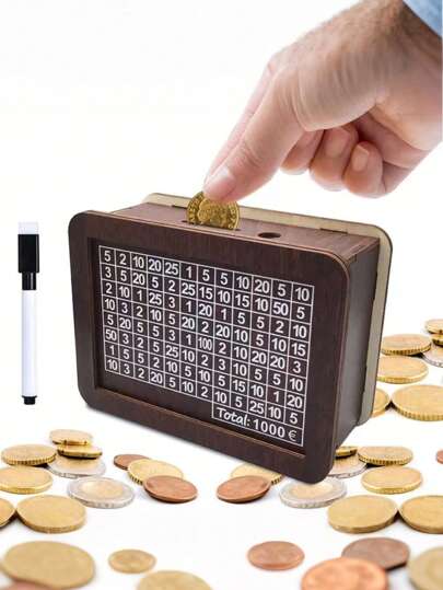 أثاث مكتبي صندوق توفير خشبي على شكل صراف آلي ، بنك ، صندوق تحدي توفير النقود، صندوق أموال خشبي، صندوق توفير للنقود للكبار، صندوق نقود كهدية مع أرقام مستهدفة (ألوان عشوائية)، لوازم مدرسية، عودة إلى المدرسة