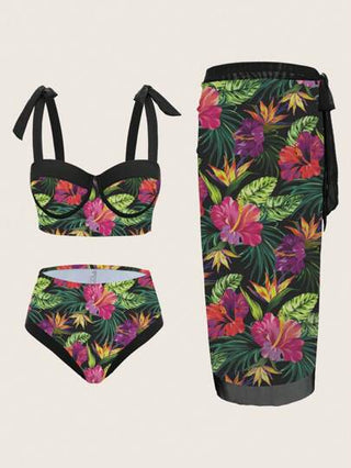 Swim Oasis بكيني مع فوطة ملفوفة نسائية مطبوع عليها نباتات استوائية، مجموعة بيكيني مع تصميم معقوف وساخن، تنورة للاستخدام على الشاطئ في الصيف