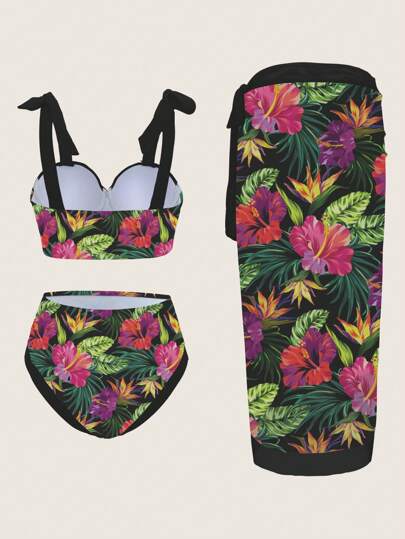 Swim Oasis بكيني مع فوطة ملفوفة نسائية مطبوع عليها نباتات استوائية، مجموعة بيكيني مع تصميم معقوف وساخن، تنورة للاستخدام على الشاطئ في الصيف