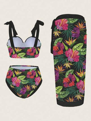 Swim Oasis بكيني مع فوطة ملفوفة نسائية مطبوع عليها نباتات استوائية، مجموعة بيكيني مع تصميم معقوف وساخن، تنورة للاستخدام على الشاطئ في الصيف