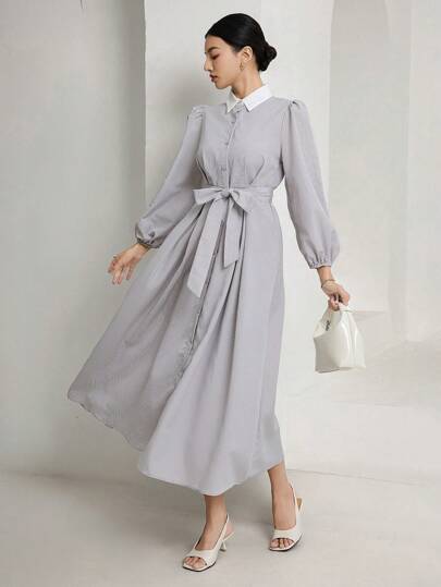 Mulvari فستان متوسط الطول مربوط بحزام بأكمام طويلة وأزرار للنساء