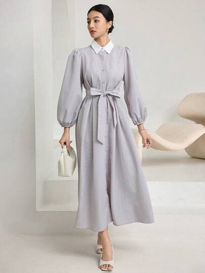 Mulvari فستان متوسط الطول مربوط بحزام بأكمام طويلة وأزرار للنساء