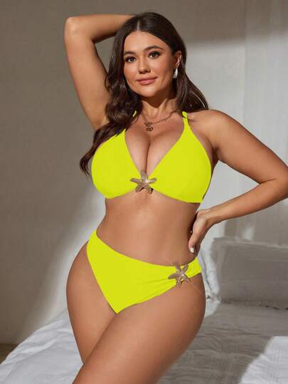 Swim SXY مجموعة بكيني ذو قطعتين لأحجام كبيرة للنساء، بتصميم مثلث ظهر مكشوف وخصر عالي، مناسب للعطلات