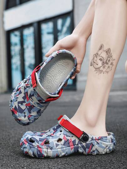 احذية ثقوب للرجال، أحذية خشبية مميزة بتصميم رقعي بنمط الشارع، تنفس وعدم انزلاق من الإيفيا، مع أشرطة قابلة للتعديل، مناسبة للربيع والصيف والخريف للأنشطة الخارجية اليومية