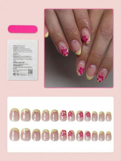 24 قطعة فرنسي قصير الكلاسيكي بحافة صفراء مزخرف بوردة حمراء طبيعية، جميلة وحلوة وأنيقة بتصميم بيضاوي، تليق بالربيع والصيف مع قطعة لاصق جيلي وقطعة سنفرة