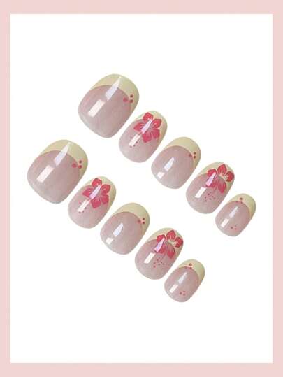 24 قطعة فرنسي قصير الكلاسيكي بحافة صفراء مزخرف بوردة حمراء طبيعية، جميلة وحلوة وأنيقة بتصميم بيضاوي، تليق بالربيع والصيف مع قطعة لاصق جيلي وقطعة سنفرة