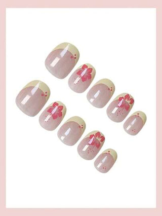 24 قطعة فرنسي قصير الكلاسيكي بحافة صفراء مزخرف بوردة حمراء طبيعية، جميلة وحلوة وأنيقة بتصميم بيضاوي، تليق بالربيع والصيف مع قطعة لاصق جيلي وقطعة سنفرة