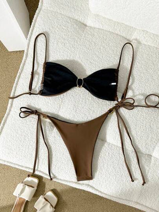 طقم تانكيني حريمي Swim Chiccia طقم ملابس سباحة للنساء يتكون من ملابس علوية تانك توب بحمالات رفيعة ذات لون واحد وشورت سباحة بشريط جانبي مربوط للصيف