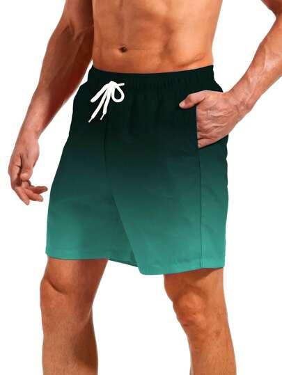 3 قطع من شورتات الشاطئ الرجالية ذات الرسومات والخطوط الملونة المتدرجة مع سير التقنيم، شورتات صيفية عادية ضرورية للعطلات مع سير التقنيم، رسومات هاواي