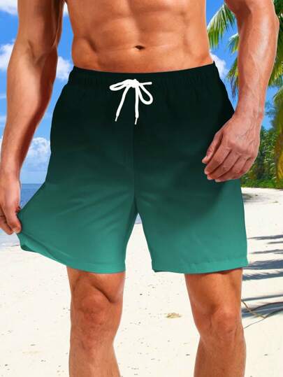 3 قطع من شورتات الشاطئ الرجالية ذات الرسومات والخطوط الملونة المتدرجة مع سير التقنيم، شورتات صيفية عادية ضرورية للعطلات مع سير التقنيم، رسومات هاواي