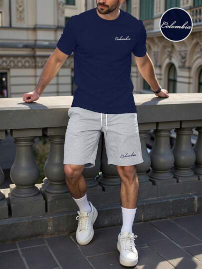 Manfinity Homme مجموعة تيشيرت قصير و شورت للرجال مطبوع عليهم حرف، للصيف والأوقات العادية