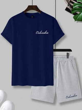 Manfinity Homme مجموعة تيشيرت قصير و شورت للرجال مطبوع عليهم حرف، للصيف والأوقات العادية