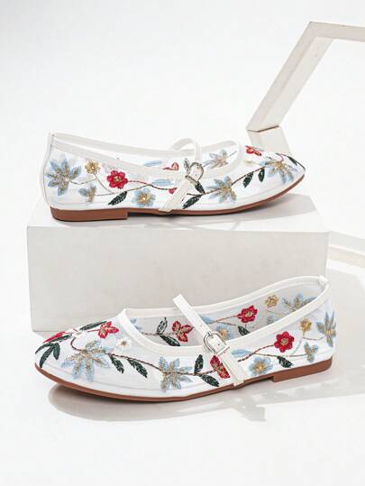 أحذية كاجوال نسائية مسطحة مع تصميم تطريز بنقشة الورود، أحذية بالية برؤوس مستديرة وطرية، مناسبة للعطلات والارتداء اليومي