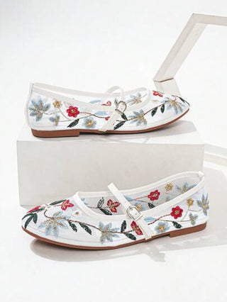 أحذية كاجوال نسائية مسطحة مع تصميم تطريز بنقشة الورود، أحذية بالية برؤوس مستديرة وطرية، مناسبة للعطلات والارتداء اليومي