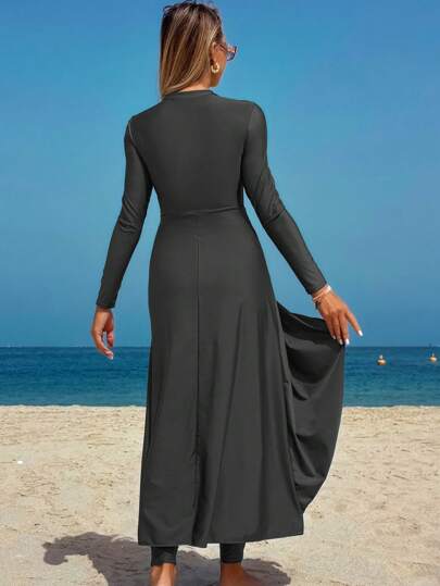 Swim Mulvari بدلة سباحة بقطعتين للنساء من مالفاري، بوركيني، بلون أحادي، فستان طويل مع سحاب وكشكشة متدرجة على الذيل، تغطية متواضعة للبطن، بأكمام طويلة للرحلات المائية