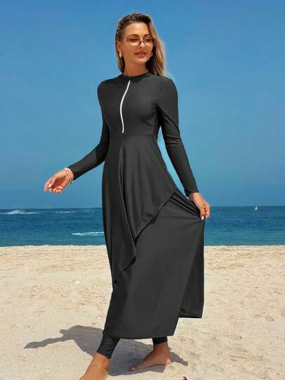 Swim Mulvari بدلة سباحة بقطعتين للنساء من مالفاري، بوركيني، بلون أحادي، فستان طويل مع سحاب وكشكشة متدرجة على الذيل، تغطية متواضعة للبطن، بأكمام طويلة للرحلات المائية