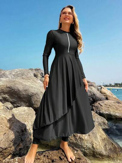 Swim Mulvari بدلة سباحة بقطعتين للنساء من مالفاري، بوركيني، بلون أحادي، فستان طويل مع سحاب وكشكشة متدرجة على الذيل، تغطية متواضعة للبطن، بأكمام طويلة للرحلات المائية