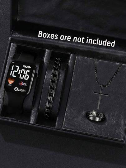 مجموعة من ساعة إلكترونية مربعة وقلادة هيب هوب من السيليكون على شكل طفل أسود ، وخاتم ، وسوار، أكسسوارات حفلات ومناسبات ولوازم إجازة، مناسبة للهدايا للأصدقاء والأقارب والاستخدام اليومي