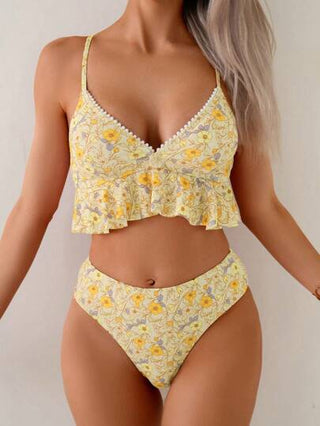 طقم تانكيني حريمي Swim ملابس علوية كامي نسائي كشكش الرقبة على شكل حرف V كم رفيع مثير للصيف، ملابس علوية بكيني