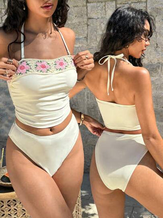 طقم تانكيني حريمي Swim Lushoire 2 قطعة توب كامسول مزخرف بشكل زهري من الدانتيل البيج ومجموعة بكيني ، جميل وأنيق للربيع والصيف، للعطلات والحفلات الشاطئية