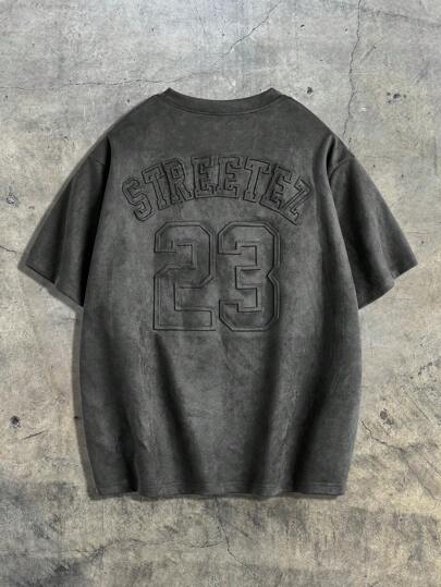 AXEPEAK بلوزة قطنية بياقة مستديرة وأكمام قصيرة مفضفضة للرجال مع طبعة نصية انجليزية بارزة، للصيف، ملابس الشارع