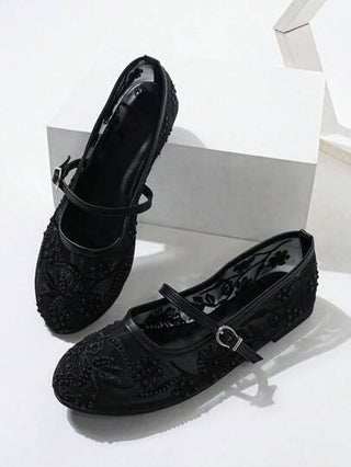 شقق بالية مربعة النساء بتصميم شبكي، مطرزة بزهور وخرز للتزيين، أنيقة وعصرية بسيطة، تنفس وعتيقة بنمط مري جاين ذو إغلاق سهل، أنيقة ومريحة للارتداء اليومي