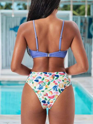 Swim Vcay طقم بكيني للنساء مطبوع بنقش الفاكهة والأزهار، بلوزة قصيرة، طقم بكيني بمظهر أساسي، بكيني جذاب للنساء لأيام الشاطئ والعطلات